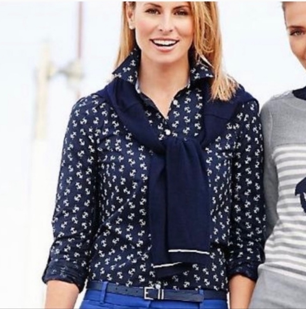 TALBOTS Anchor Print  Button Down Shirt Size 2 Petite